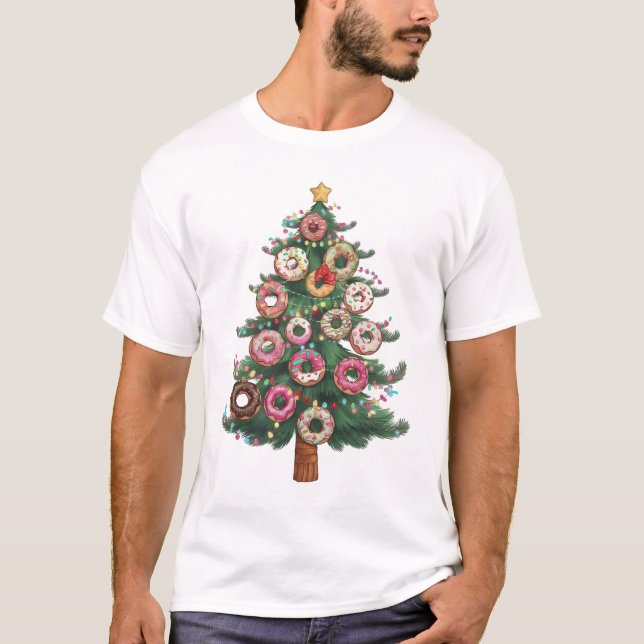T-shirt Drôle Donuts de Noël Lumières Arbre de Noël PJS (Devant)