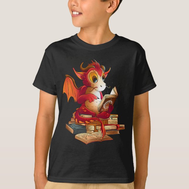T-shirt Drôle dragon rouge lecture livres bibliothèque dra (Devant)