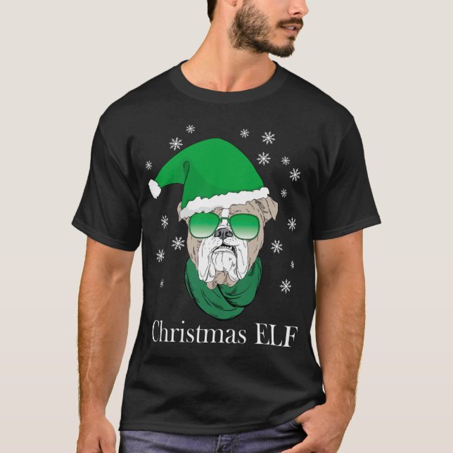 T-shirt Drôle Elfe de Noël - Cool Bulldog Dans Lunettes de (Devant)