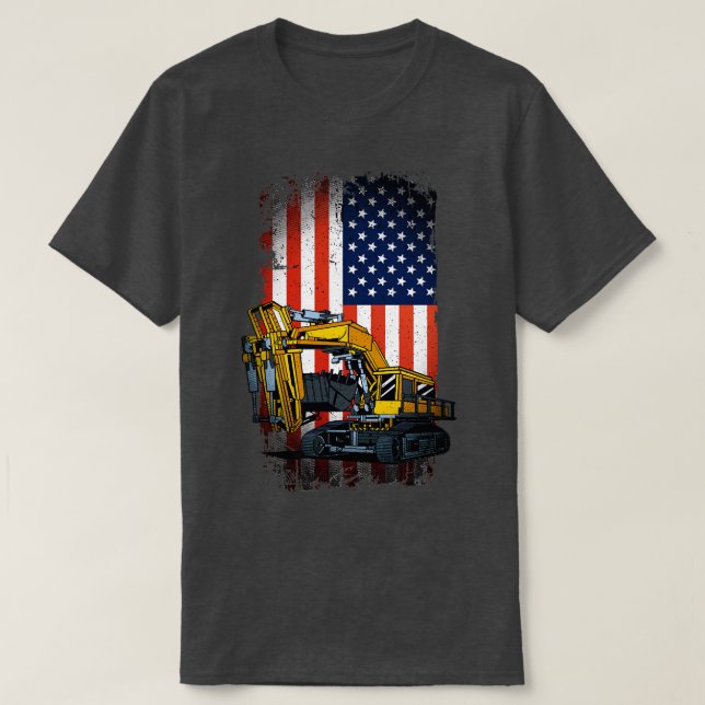 T-shirt Drôle Excavateur Lourd Machinerie US Drapeau (Design devant)