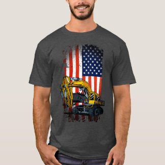 T-shirt Drôle Excavateur Lourd Machinerie US Drapeau