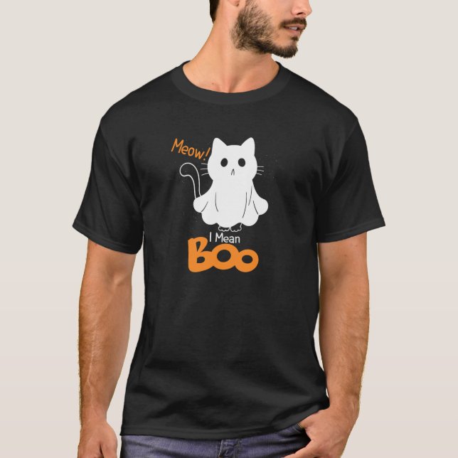 T-shirt Drôle Fantôme Cat Meow Je veux dire Boo Citrouille (Devant)