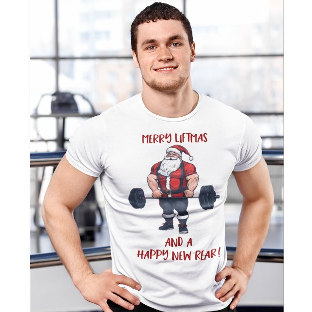 T-shirt Drôle Fitness Noël Vies de Noël Barbell Père Noël (Funny personal trainer Christmas shirt. MERRY LIFTMAS. A great pun for at the gym this holiday.)