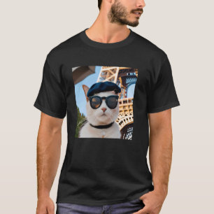 T-shirt Drôle France Tour Eiffel Chat portant un béret et