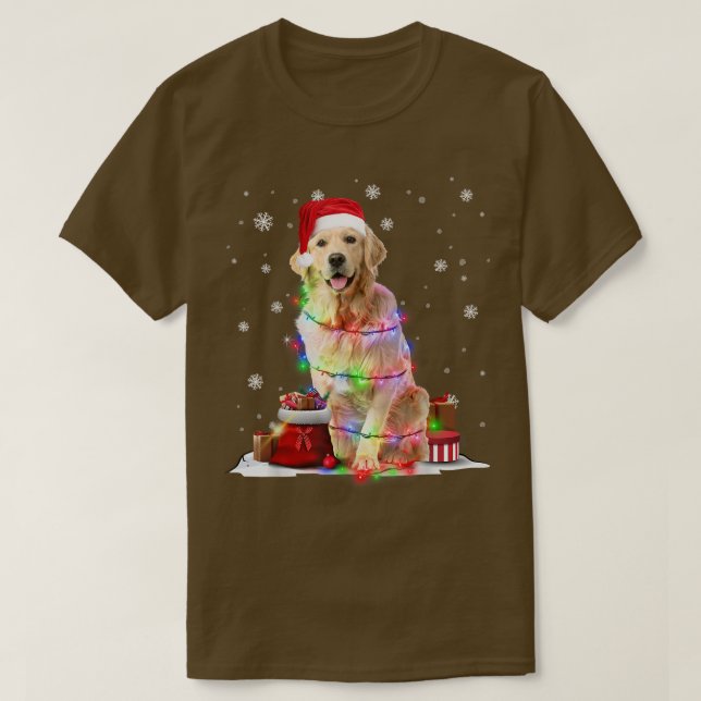 T-shirt Drôle Golden Retriever Chien arbre lumières de Noë (Design devant)