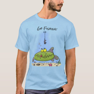T-shirt Drôle gras affamé poisson vert dessin de pêche