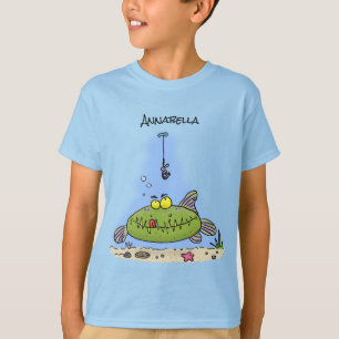 T-shirt Drôle gras affamé poisson vert dessin de pêche