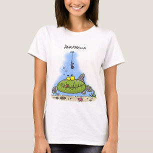 T-shirt Drôle gras affamé poisson vert dessin de pêche