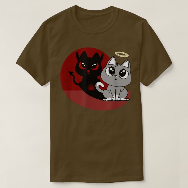 T-shirt Drôle Gris Chat Diable Ange Mauvais Chat Mal Shado (Design devant)
