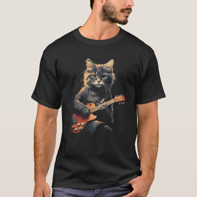 T-shirt Drôle Guitare Chat Rock Chat Jouer Guitare Musique (Devant)
