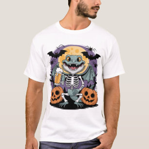 T-shirt Drôle Halloween Lizard Skeleton avec bière