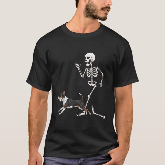 T-shirt Drôle Halloween Rat Terrier Et Squelette (Devant)