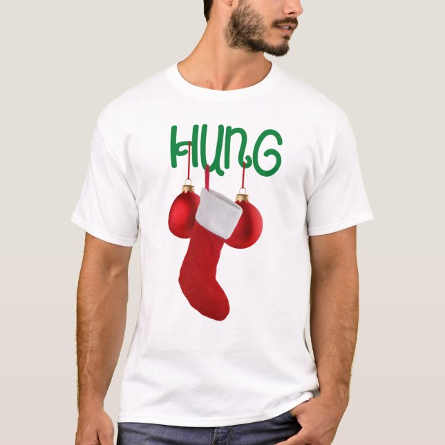 T-shirt Drôle homme's Hung Noël Stocking et Balls (Devant)
