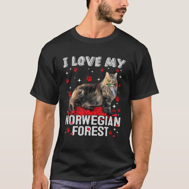 T-shirt Drôle J'Aime Ma Forêt Norvégienne Valentine Chat L (Devant)