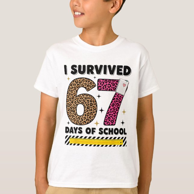 T-shirt Drôle Je Survivécu 67 Jours École Léopard Professe (Devant)