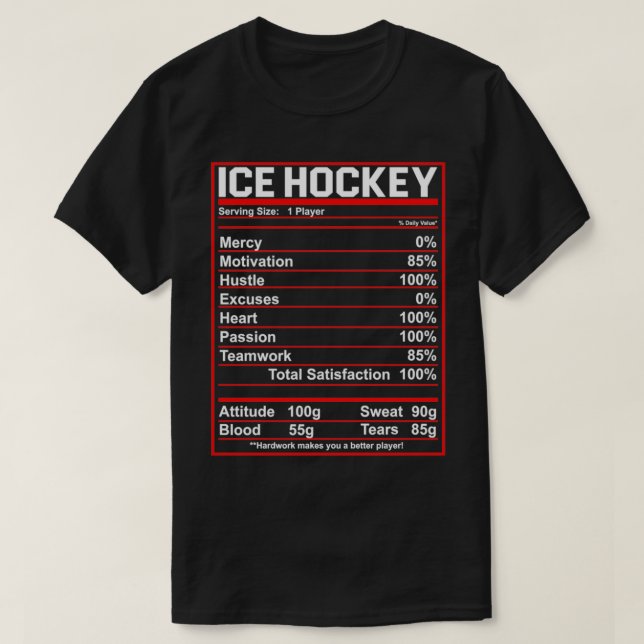 T-shirt Drôle Joueur de hockey sur glace Nutrition Faits F (Design devant)