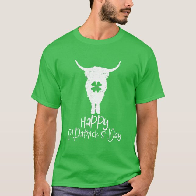 T-shirt Drôle Jour de la Saint Patrick Highland Cow Shamro (Devant)