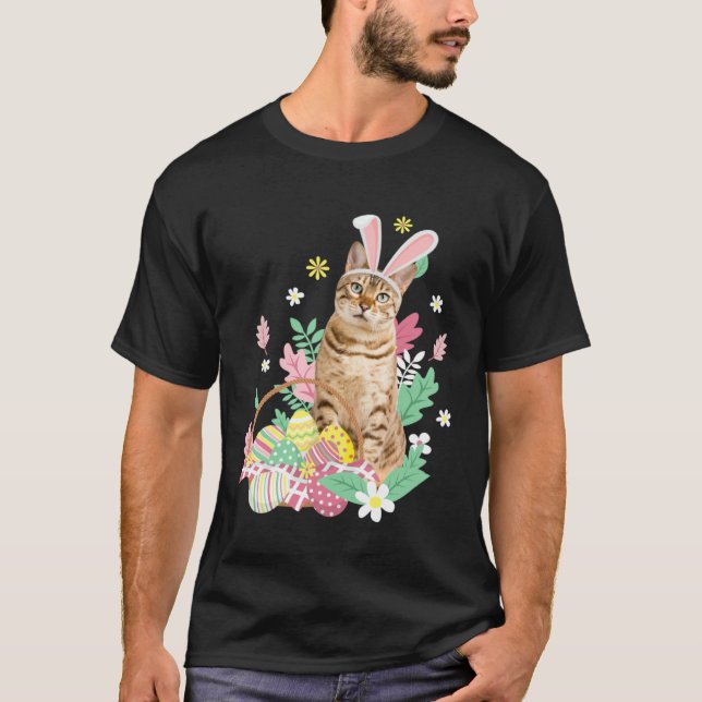 T-shirt Drôle joyeuses Pâques mignon chat lapin oeufs pani (Devant)