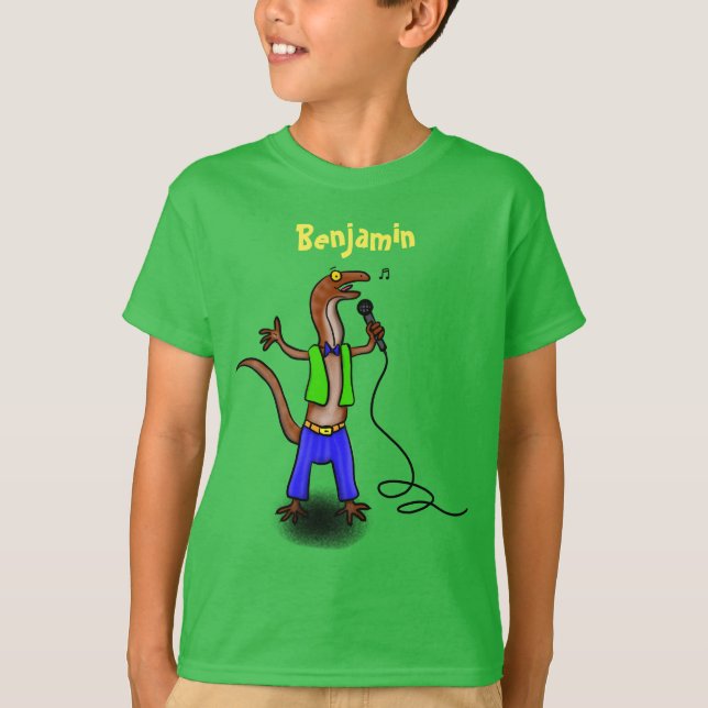 T-shirt Drôle lézard chantant avec bande dessinée de micro (Devant)