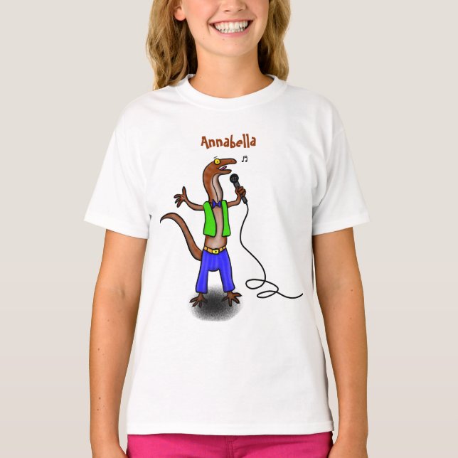 T-shirt Drôle lézard chantant avec bande dessinée de micro (Devant)