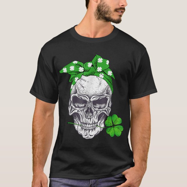 T-shirt Drôle Lucky Skull Messy Bun Happy Jour de la Saint (Devant)