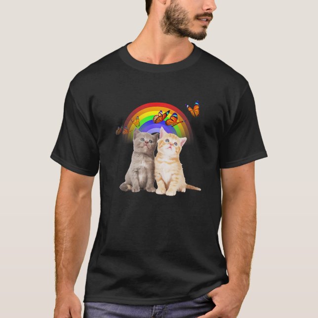T-shirt Drôle mignon Chat Arc-en-ciel Papillon Amoureux de (Devant)