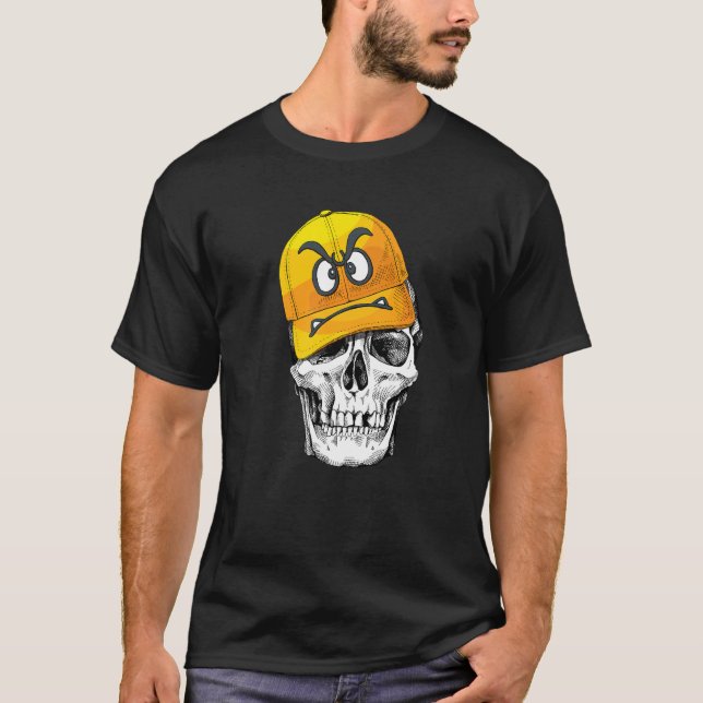 T-shirt Drôle mignon crâne porte un Casquette jaune en col (Devant)