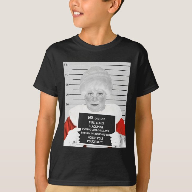 T-shirt Drôle Mme Claus Mugshot Arrêtée Sur Christ (Devant)