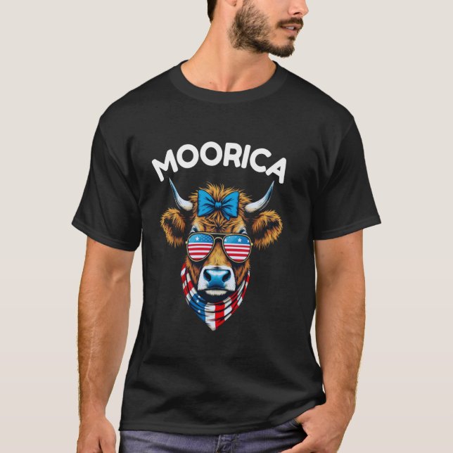 T-shirt Drôle Moorica 4 juillet Drôle Highland Cow Ameri (Devant)