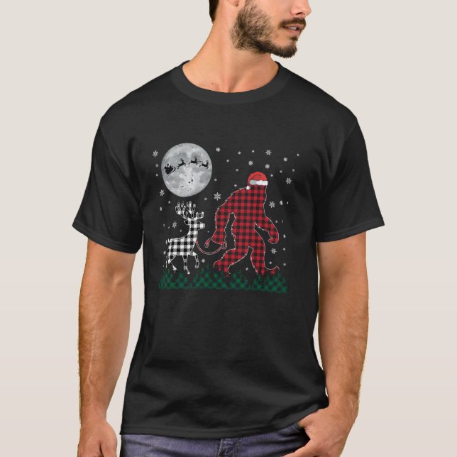 T-shirt Drôle Noël Bigfoot Reindeer Lune Père Noël Plaid (Devant)