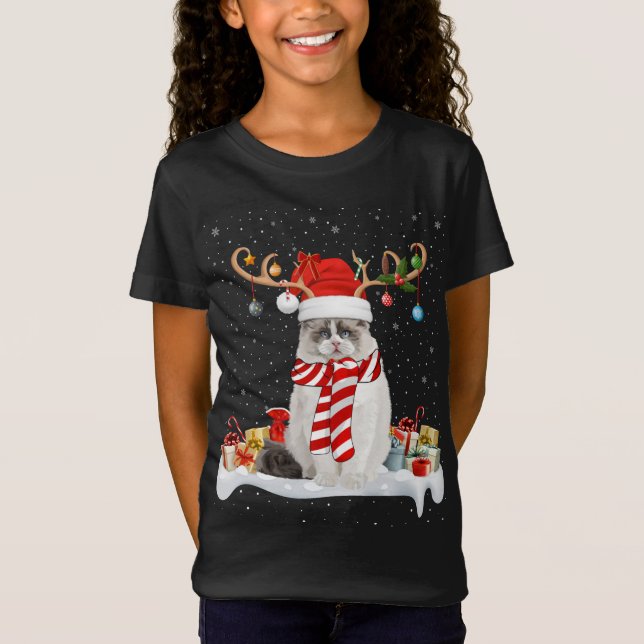 T-Shirt Drôle Noël Éclairage Reindeer Santa Hat Ragdoll Ch (Devant)