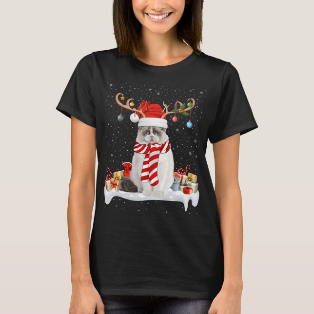 T-shirt Drôle Noël Éclairage Reindeer Santa Hat Ragdoll Ch (Devant)