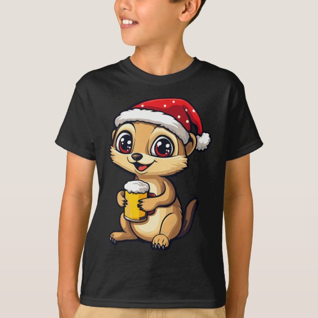 T-shirt Drôle Noël Meerkat Avec Bière Comic (Devant)