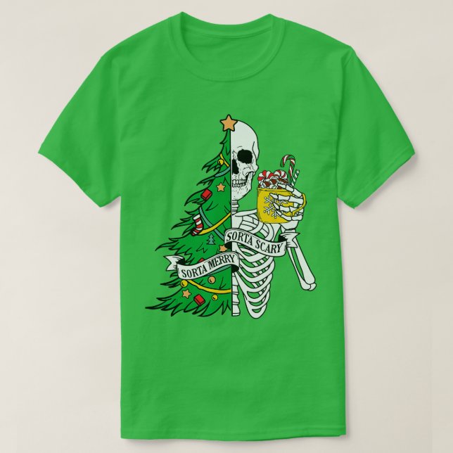 T-shirt Drôle Noël Sorta Merry Sorta Scary Skeleton X (Design devant)
