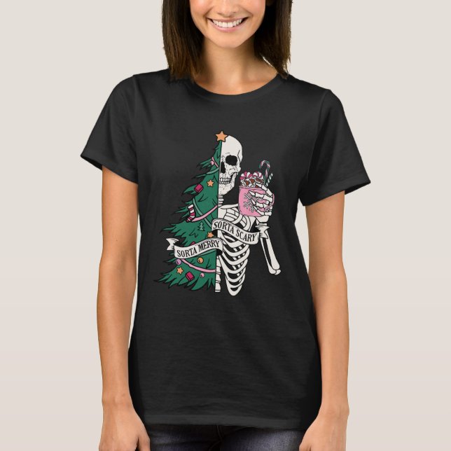 T-shirt Drôle Noël Sorta Merry Sorta Scary Skeleton X (Devant)
