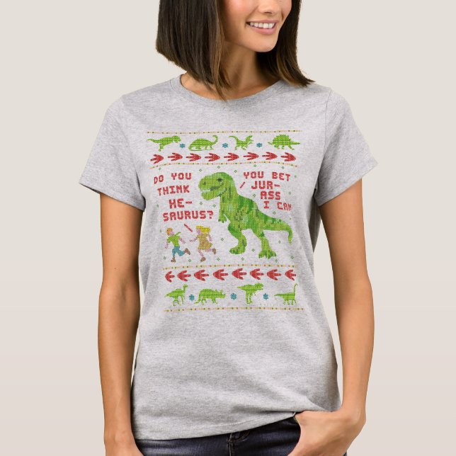 T-shirt Drôle Noël T Rex Dinosaur Pun Humour Faux Knit (Devant)