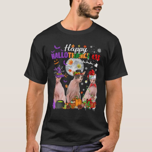 T-shirt Drôle Pèlerin Sorcière Père Noël Sphynx Chats Happ (Devant)