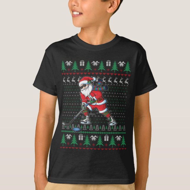 T-shirt Drôle Père Noël Joueur de hockey sur glace laide d (Devant)