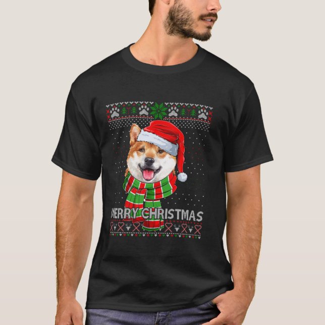 T-shirt Drôle Père Noël Shiba Inu Scarf Lover Noël Laid S (Devant)