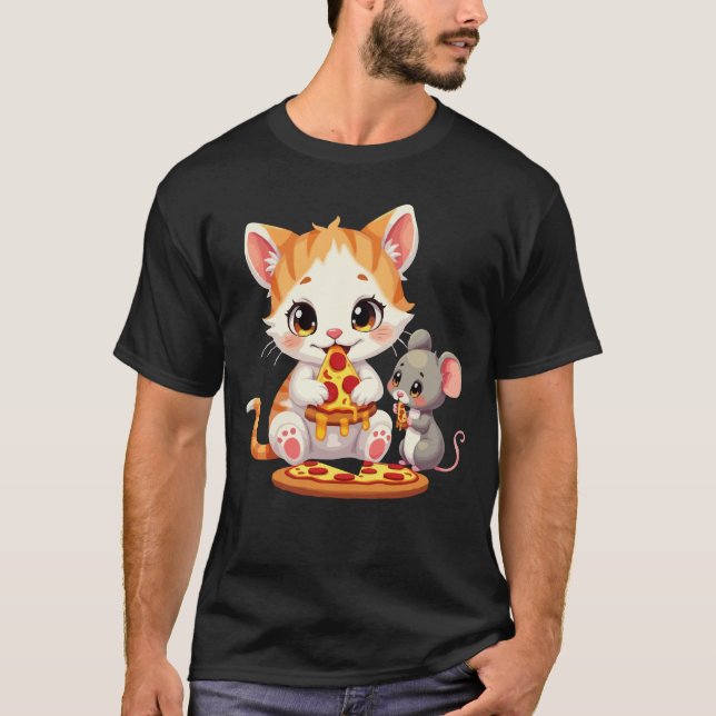 T-shirt drôle pizza manger chat pizza manger souris (Devant)