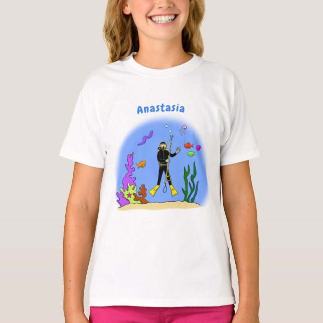 T-shirt Drôle plongeur et poisson mer créatures dessin ani (Devant)