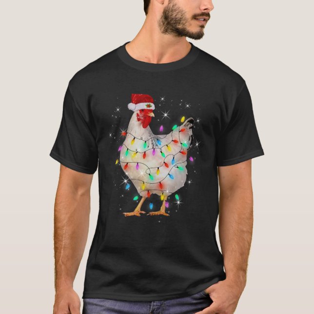 T-shirt Drôle Poulet de Noël Arbre Lumière Noël Ornement D (Devant)