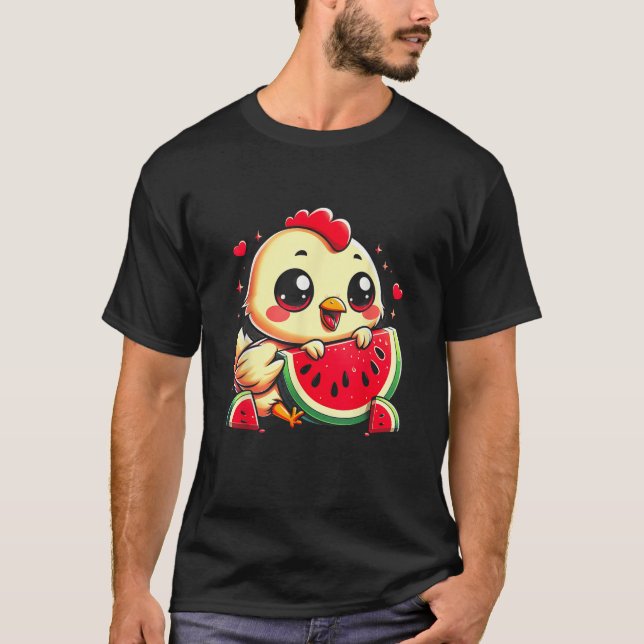 T-shirt Drôle Poulet Manger Watermelon Fruit Summer Farmi (Devant)