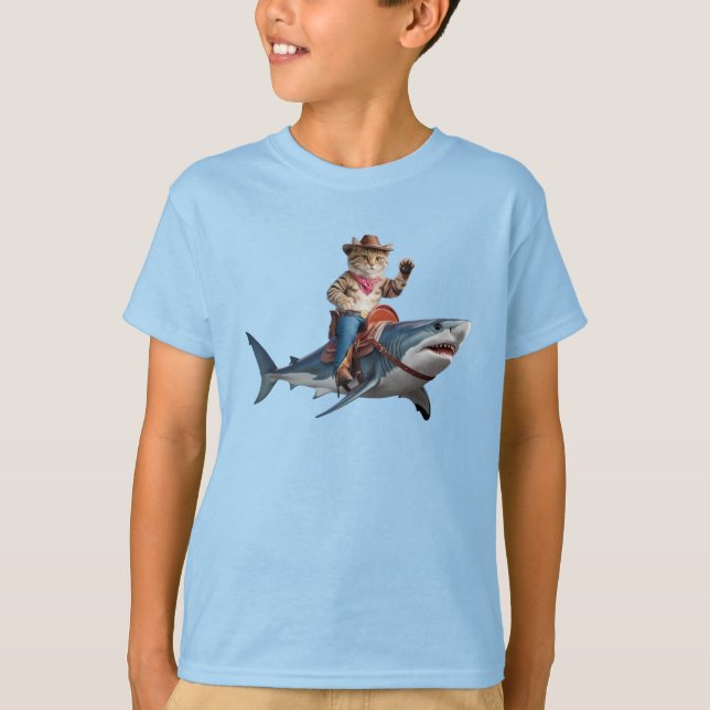 T-shirt drôle pour enfants avec chat et requin (Devant)