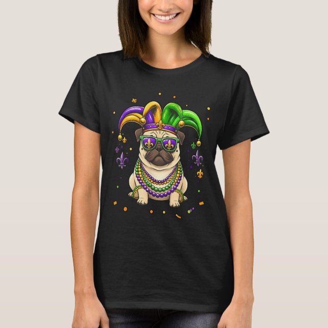 T-shirt Drôle pug perles mardi gras festival carnaval chie (Devant)