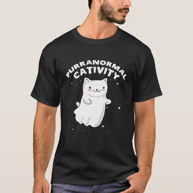 T-shirt Drôle Purranormal Cativité Fantôme Chat Halloween  (Devant)