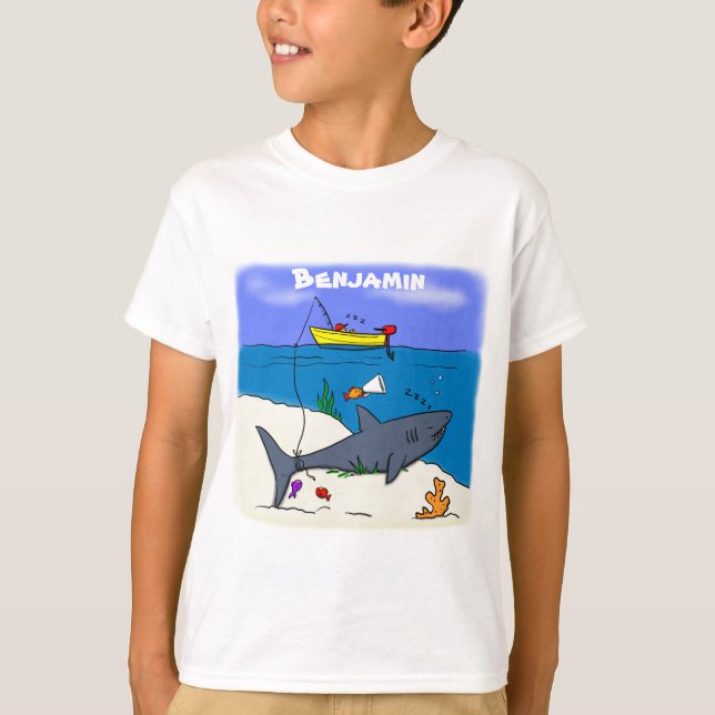 T-shirt Drôle requin couché et dessin animé de pêche (Devant)