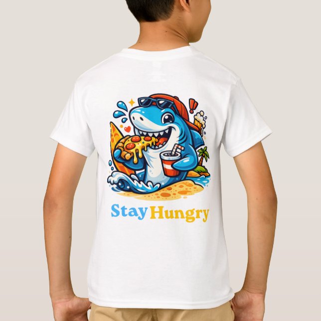 T-shirt Drôle Reste Affamé Requin Mangeant Pizza Plage d'É (Dos)
