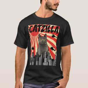 T-shirt Drôle Rétro Japonais Catzilla Chartreux Chat 1