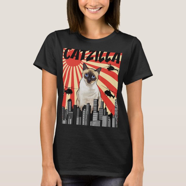 T-shirt Drôle Retro Japonais Catzilla Siamese Chat (Devant)